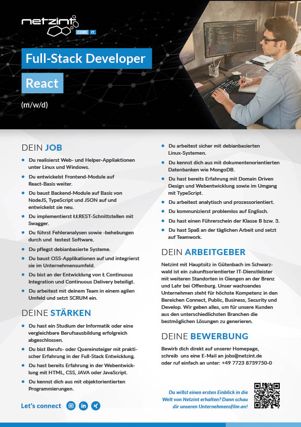Stellenanzeige Full-Stack Developer React (m/w/d)